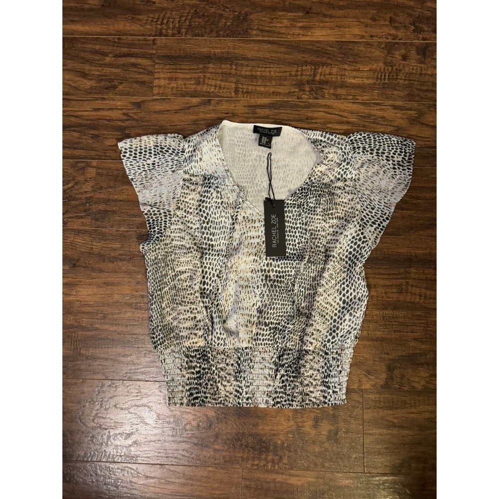 Rachel Zoe Blouse Women's Black Gold Short Sleeves V-Neck Tassels Sz:XS